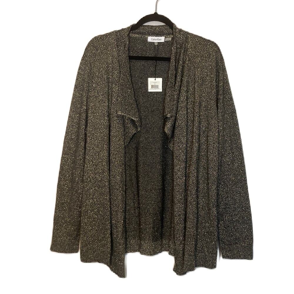 Calvin Klein Gold Black Long Sleeve Shawl Open Front Knit Cardigan Size XL